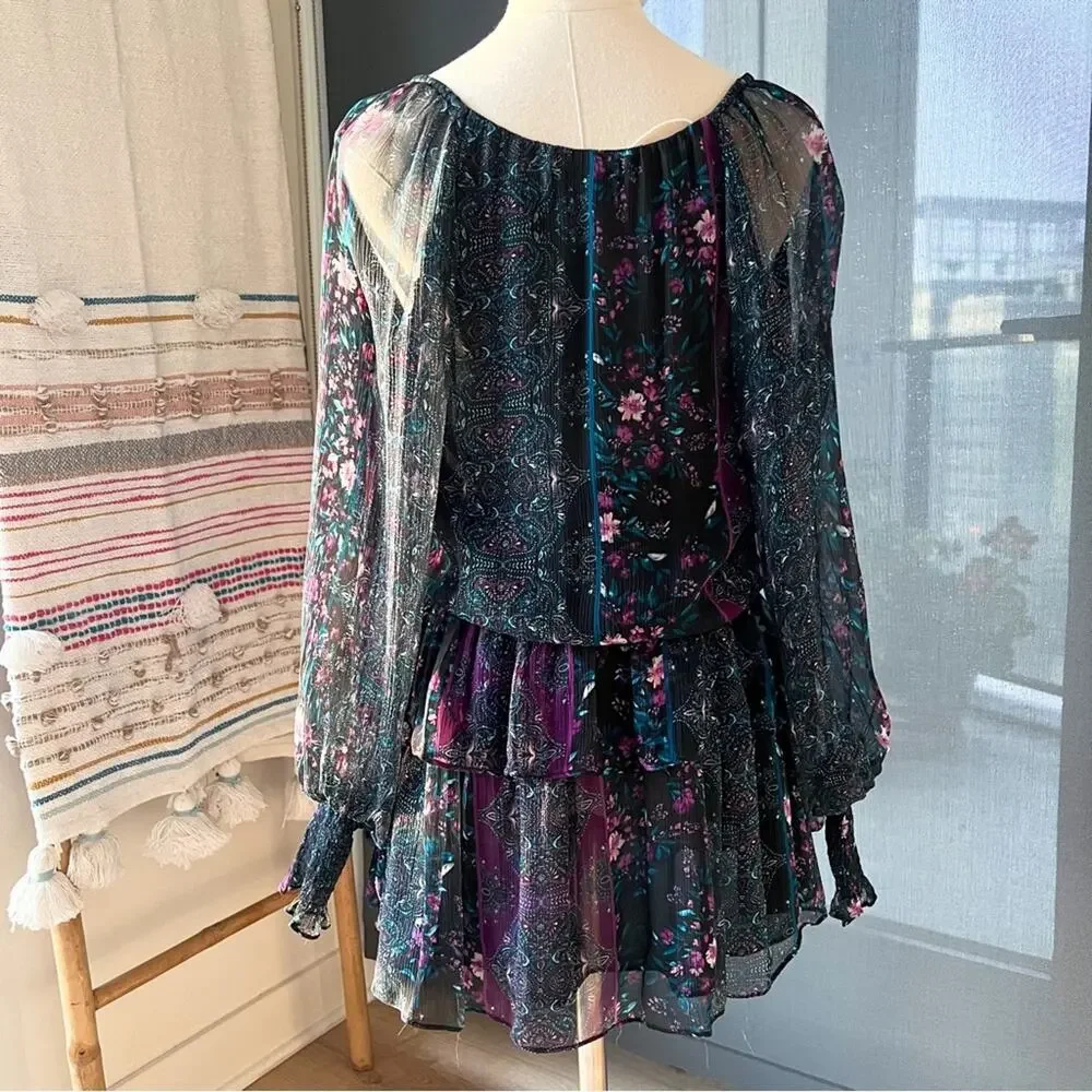 Ramy Brook Logan Floral Long Puff Sleeve 100% Silk Mini Dress Women’s Size Small - Picture 5 of 8